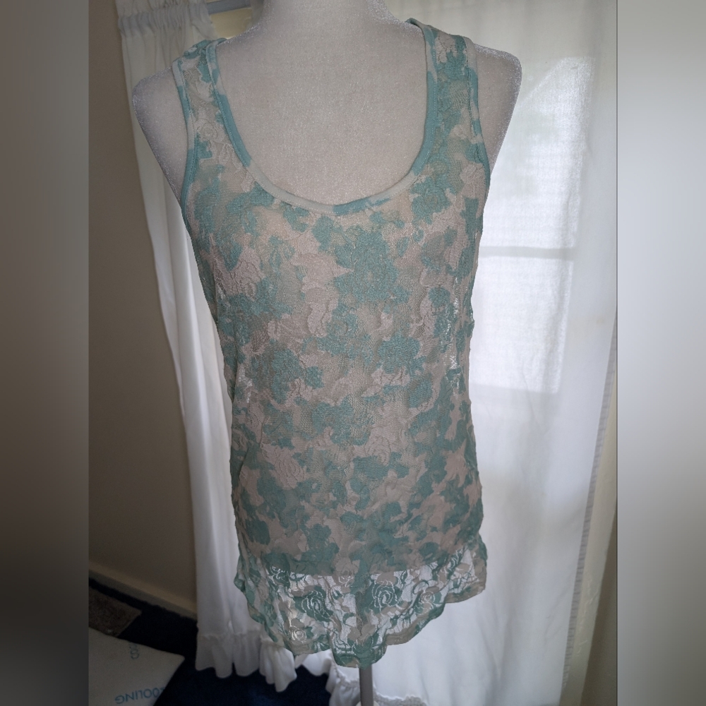 Ethyl Fairycore‎ 90s Y2K Lace Mesh Tank Top Cami L Sage Green/White Sheer